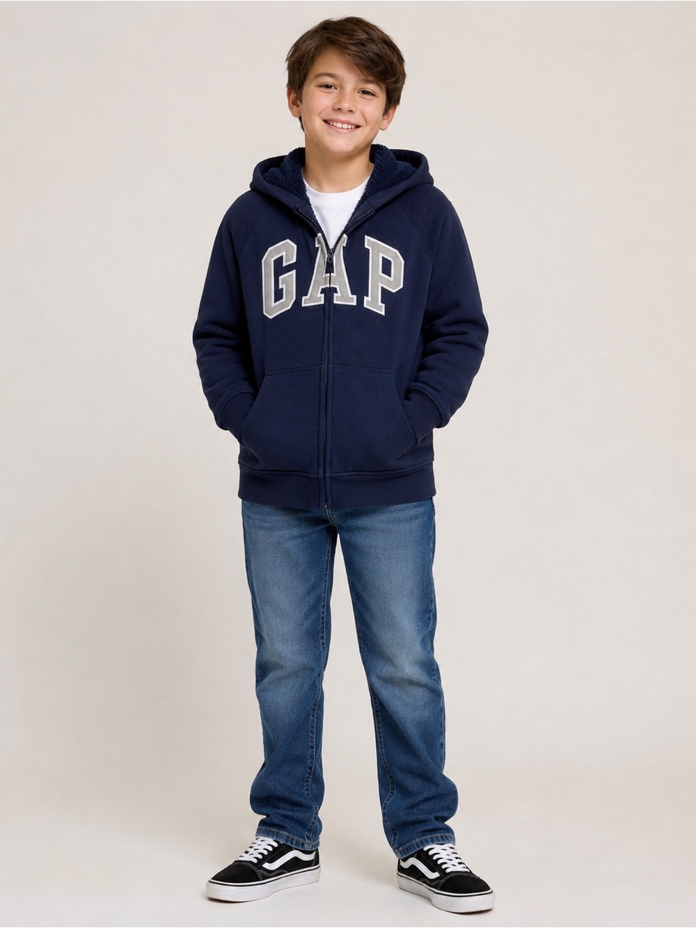 GAP Kids boys L Navy Sherpa Lined Full Zip Logo Hoodie Jacket